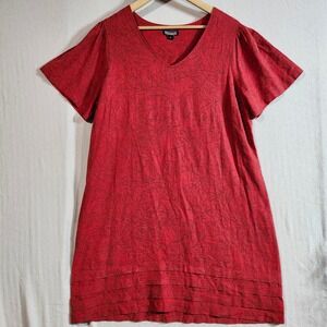 Original Nicole Miller Red Linen Floral Short Sleeve V Neck Tiered Hem Dress XL‎